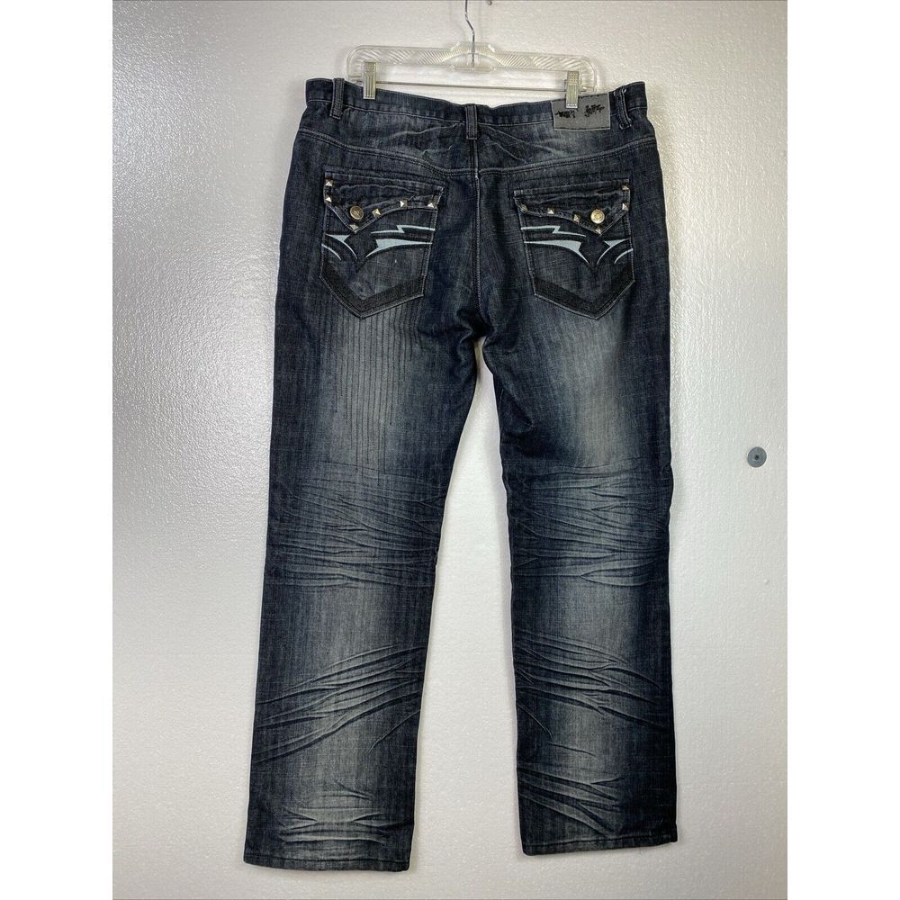 Vtg Raw Blue Mens Jeans 38/34 Black Y2K Studs HipHop Distressed StreetWear
